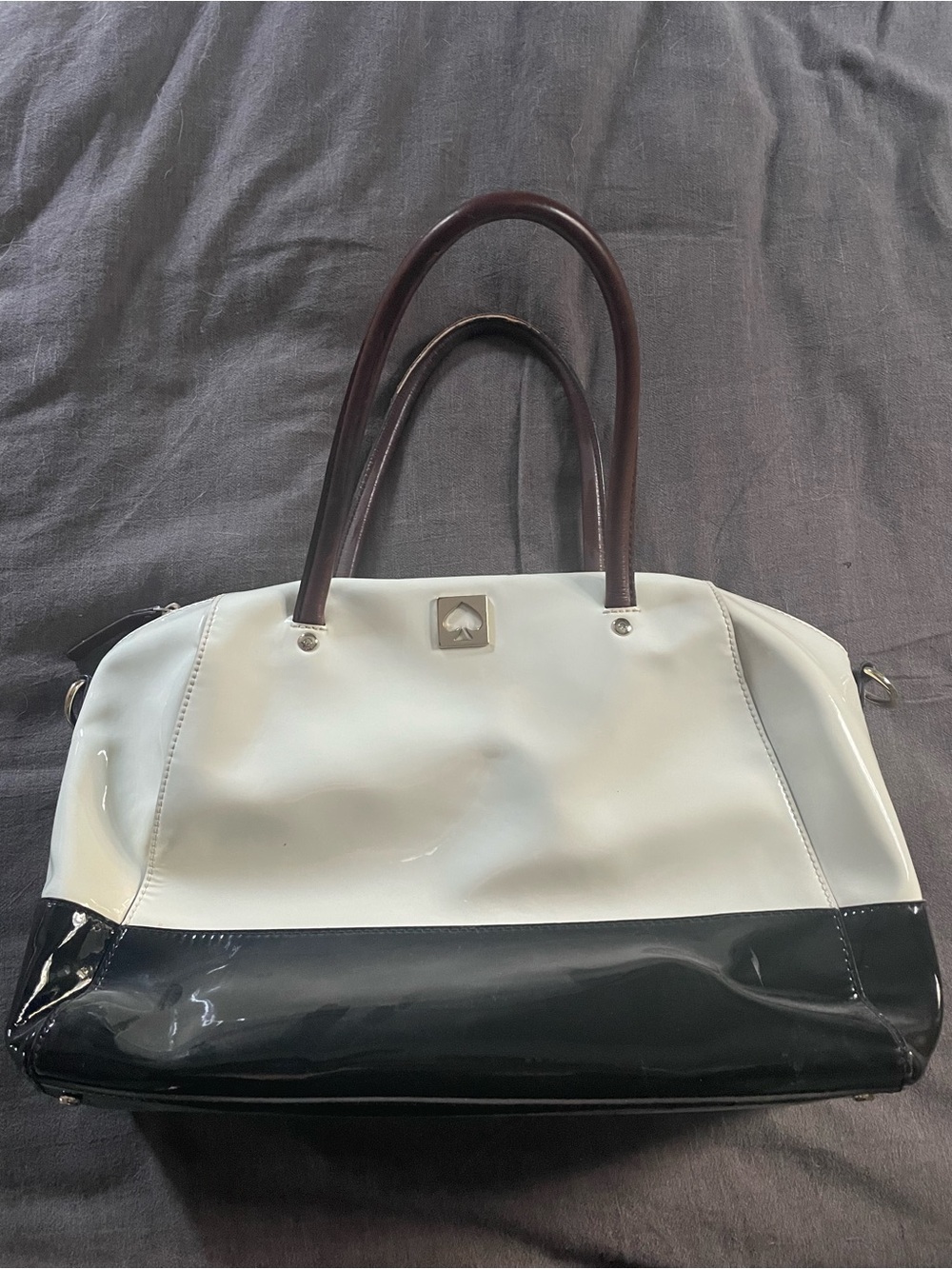 kate spade Kingsbury Park Black & White patent leather tote with Brown Handles